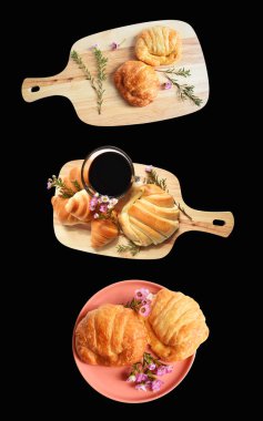 Tahta kesme tahtasına izole edilmiş peynirli kruvasan. Siyah arka planda gölge yok. Ev yapımı tatlı.