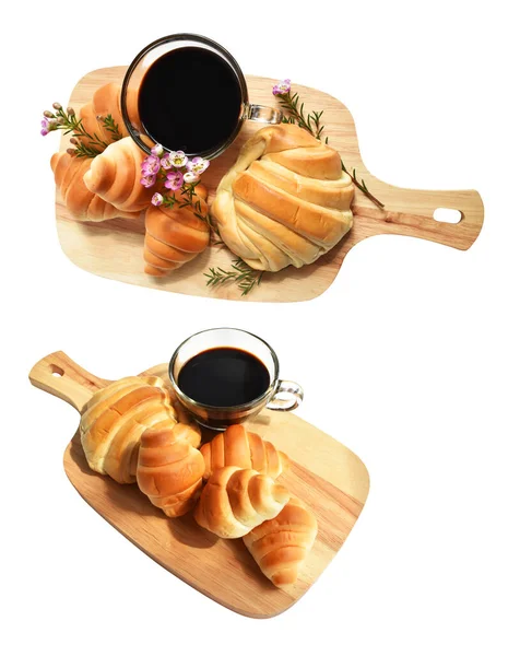 Cheese croissant isolated in wood cutting board with clipping path, no shadow in white background, homemade dessert