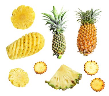 Beyaz arka planda izole edilmiş ananas, kırpma yolu olan gölge yok, sağlıklı meyve, yiyecek ve içecek.