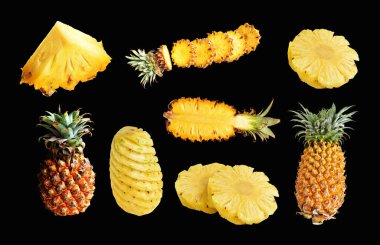 Siyah arka planda izole edilmiş ananas, kırpma yolu olan gölge yok, sağlıklı meyve, yiyecek ve içecek.