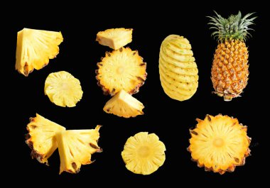 Siyah arka planda izole edilmiş ananas, kırpma yolu olan gölge yok, sağlıklı meyve, yiyecek ve içecek.