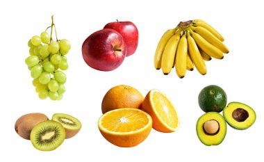 Sağlıklı meyve, kırmızı elma, portakal, yeşil kivi, avokado, yeşil üzüm, kesme yolu olan sarı muz, beyaz arka planda gölge yok.
