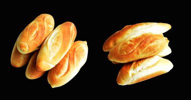 Ekmek siyah arkaplanda izole edilmiş, kırpma yolu olan gölge yok, ekmek, fırın