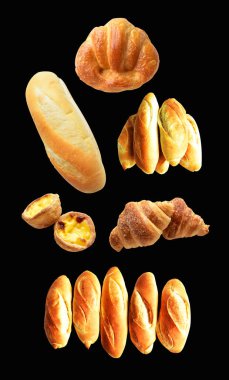 Ekmek siyah arkaplanda izole edilmiş, kırpma yolu olan gölge yok, ekmek, fırın