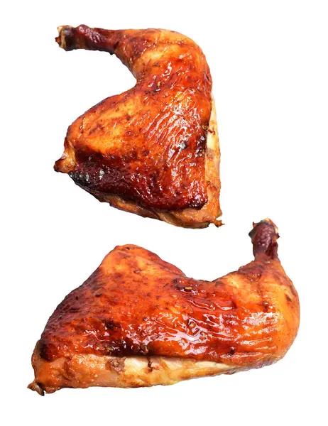 Grilled chicken quarter leg with sauce isolated, clipping path, no shadow in white background