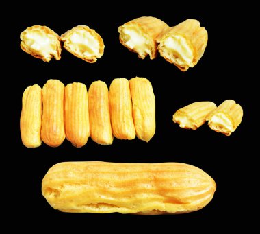 Eklemeler siyah arka planda izole edilmiş. Kesme yolu, tatlı yemek ve fırın yok.