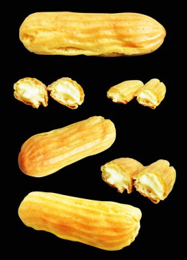 Eklemeler siyah arka planda izole edilmiş. Kesme yolu, tatlı yemek ve fırın yok.