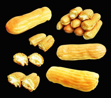 Eklemeler siyah arka planda izole edilmiş. Kesme yolu, tatlı yemek ve fırın yok.