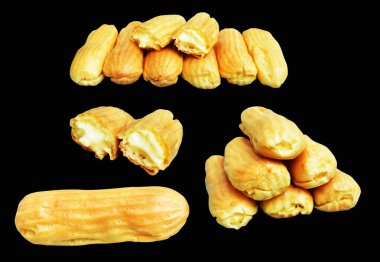 Eklemeler siyah arka planda izole edilmiş. Kesme yolu, tatlı yemek ve fırın yok.