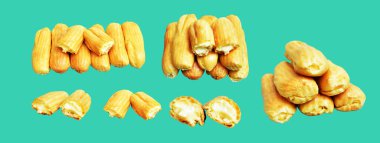 Eklemeler yeşil arka planda izole edilmiş. Kesme yolu, tatlı yemek ve fırın yok.