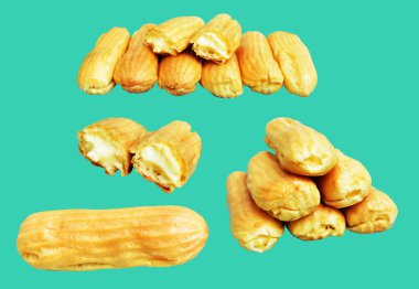 Eklemeler yeşil arka planda izole edilmiş. Kesme yolu, tatlı yemek ve fırın yok.