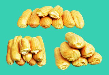 Eklemeler yeşil arka planda izole edilmiş. Kesme yolu, tatlı yemek ve fırın yok.