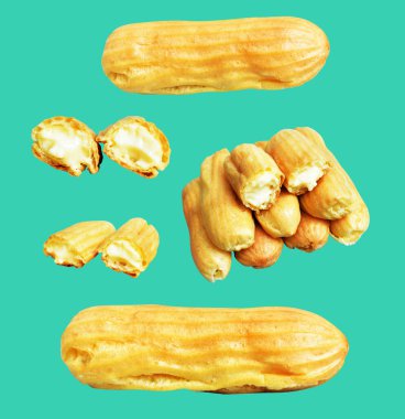 Eklemeler yeşil arka planda izole edilmiş. Kesme yolu, tatlı yemek ve fırın yok.