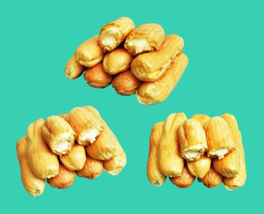 Eklemeler yeşil arka planda izole edilmiş. Kesme yolu, tatlı yemek ve fırın yok.