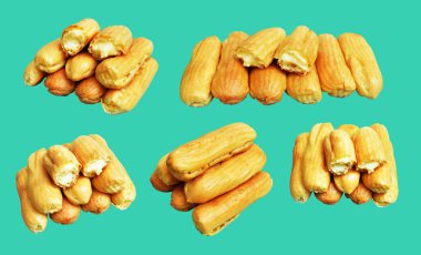 Eklemeler yeşil arka planda izole edilmiş. Kesme yolu, tatlı yemek ve fırın yok.