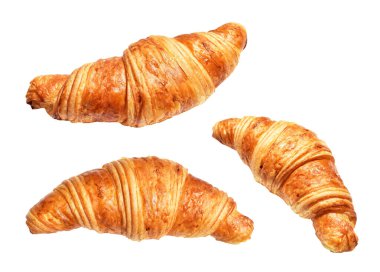 Beyaz arka planda izole edilmiş, gölgesiz peynirli kruvasan, ev yapımı tatlı pastanesi.