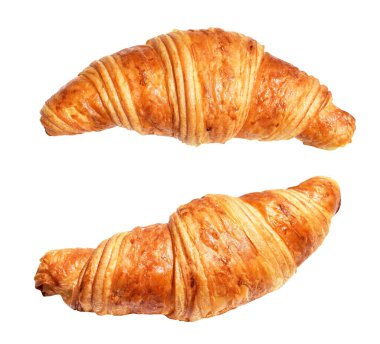 Beyaz arka planda izole edilmiş, gölgesiz peynirli kruvasan, ev yapımı tatlı pastanesi.