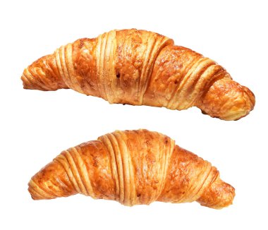 Beyaz arka planda izole edilmiş, gölgesiz peynirli kruvasan, ev yapımı tatlı pastanesi.