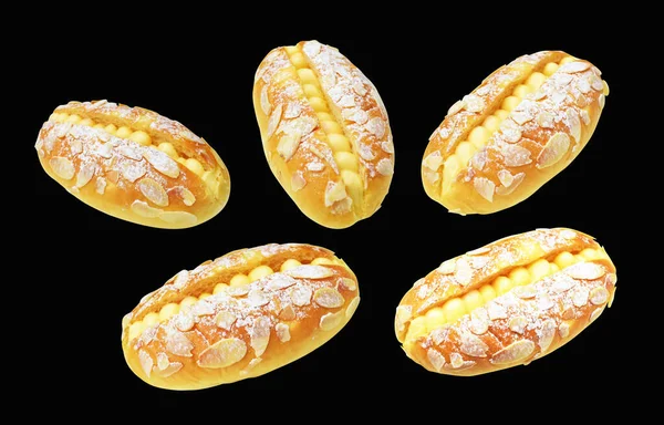 Eclairs or pastry hotdog bun with cream and almond slices isolated, clipping path, no shadow in black background, bakery pastry bread