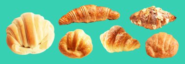 Bir çift bademli kruvasan ve peynirli kruvasan, yeşil arka planda izole edilmiş, kırpma yolu yok, gölge yok, ev yapımı tatlı pastanesi.