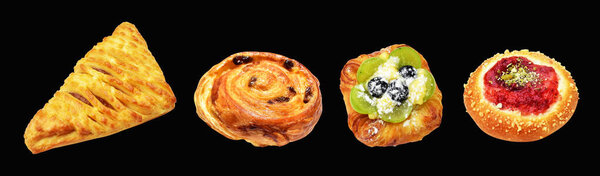 A set of Danish pastry isolated with clipping path, no shadow in black background, homemade dessert bakery pastry