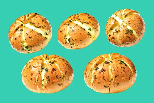 Korean cream cheese garlic bread isolated with clipping path, no shadow in green background, bakery pastry bread