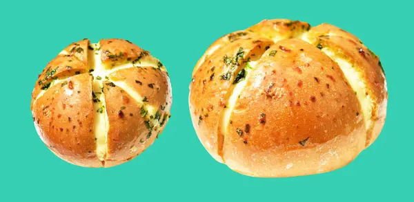 Korean cream cheese garlic bread isolated with clipping path, no shadow in green background, bakery pastry bread