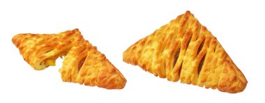 Üçgen şekilli puf böreği ananas reçeli ile doldurulmuş kırpma yolu, beyaz arkaplanda gölge yok