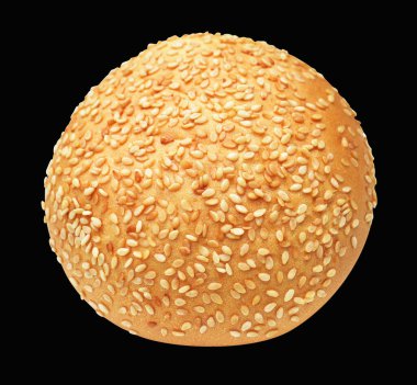 Hamburger ekmeğinin yarısı izole edilmiş kırpma yolu, siyah arka planda gölge yok.