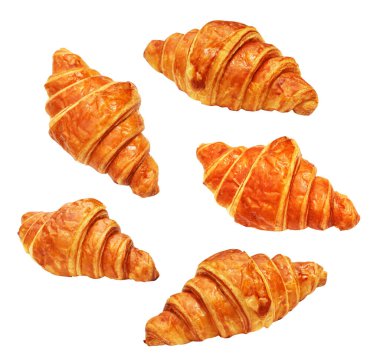 Beyaz arka planda izole edilmiş, gölgesiz peynirli kruvasan, ev yapımı tatlı pastanesi.