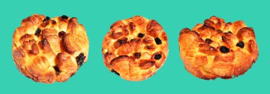 Kuru üzümlü gevrek ve ananaslı pasta, izole edilmiş, yeşil arka planda kırpma yolu olmayan, pastane pastası