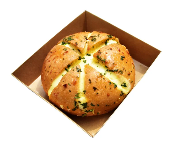 Korean cream cheese garlic bread in Kraft box food isolated with clipping path, no shadow in white background, bakery pastry bread