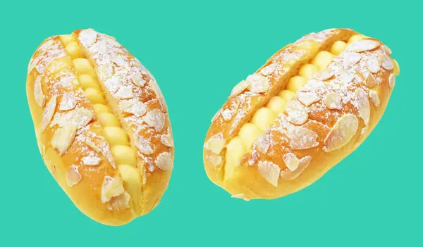 Eclairs or pastry hotdog bun with cream and almond slices isolated, clipping path, no shadow in green background, bakery pastry bread