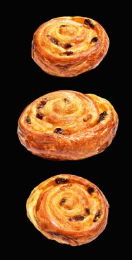 Kuru üzümlü Danimarka pastası ya da kuru üzümlü üzümlü, kremalı sarımsaklı çörekler ya da siyah arka planda salyangoz, kırpma yolu olmayan gölge yok.