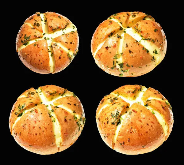 Korean cream cheese garlic bread isolated with clipping path, no shadow in black background, bakery pastry bread
