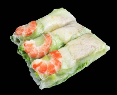 Yaz börekleri kırpma yolu ile izole edilmiş, siyah arka planda gölge yok, Vietnam mutfağı