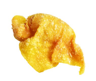 Kızarmış Wonton, beyaz arka planda izole edilmiş domuz eti, kırpma yolu, gölgesi yok. Japon yemekleri, gyoza, Çin Dim Sum