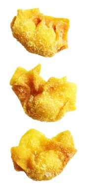 Kızarmış Wonton, beyaz arka planda izole edilmiş domuz eti, kırpma yolu, gölgesi yok. Japon yemekleri, gyoza, Çin Dim Sum