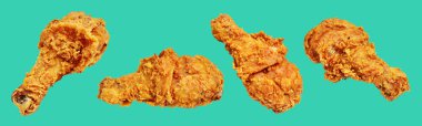Kızarmış tavuk budu, kırpma yolu ile izole edilmiş, yeşil arka planda gölge yok, fast food