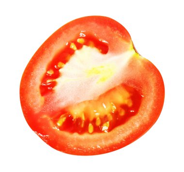 Kırmızıdomates dilimleri ya da kırpma yolu ile izole edilmiş parçalar, beyaz arka planda gölge yok, sağlıklı sebzeler