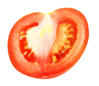 Kırmızıdomates dilimleri ya da kırpma yolu ile izole edilmiş parçalar, beyaz arka planda gölge yok, sağlıklı sebzeler