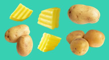 Yeşil arka planda kesilmiş patates parçaları, gölge yok, çiğ sebze, yemek malzemesi