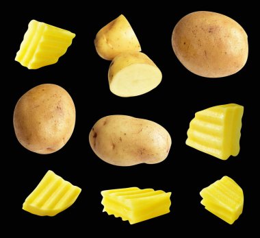 Siyah arka planda kesilmiş patates parçaları, gölge yok, çiğ sebze, yemek malzemesi.