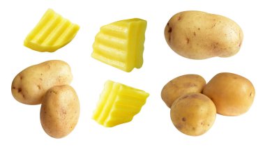 Beyaz arka planda kesilmiş patates parçaları, gölge yok, çiğ sebze, yemek malzemesi.