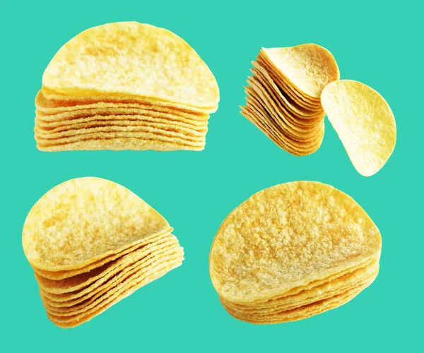 Potato chips isolated or fried potato slices with clipping path in green background, no shadow, fast food or junk food, snack