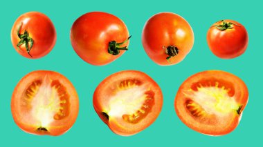 Kırpma yolu ile izole edilmiş kırmızı domates dilimleri, yeşil arka planda gölge yok, sağlıklı sebzeler.