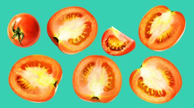 Kırpma yolu ile izole edilmiş kırmızı domates dilimleri, yeşil arka planda gölge yok, sağlıklı sebzeler.