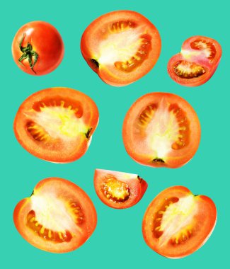 Kırpma yolu ile izole edilmiş kırmızı domates dilimleri, yeşil arka planda gölge yok, sağlıklı sebzeler.