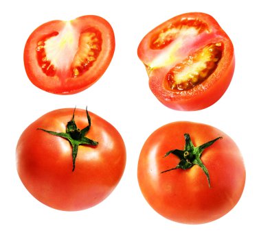 Kırpma yolu ile izole edilmiş kırmızı domates dilimleri. Beyaz arka planda gölge yok. Sağlıklı sebzeler.