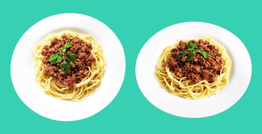 Kırpma yolu ile izole edilmiş spagetti makarna, yeşil arka planda gölge yok, yemek malzemesi